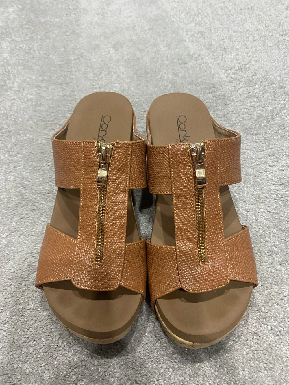 Corkys Cognac Zip-Front Slide Sandals